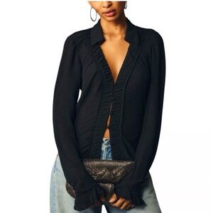 Anthropologie Black Ruffled Button Down Women's Top Size: S